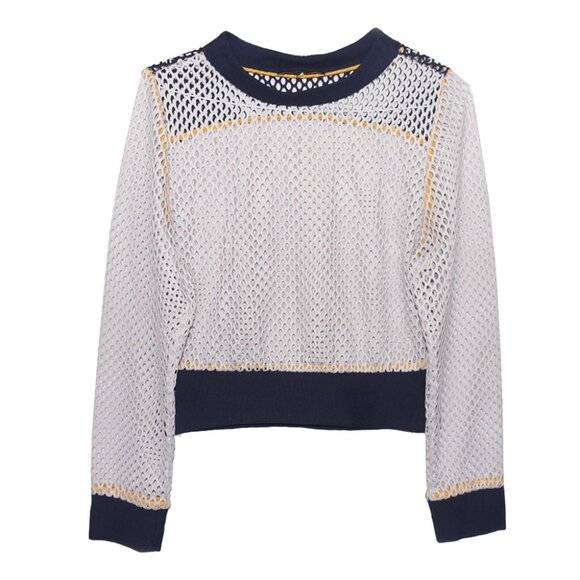 Katharine Kidd Gray Navy Fish Net Mesh Long Sleeve Athletic Athleisure Top Sz M - Picture 1 of 8